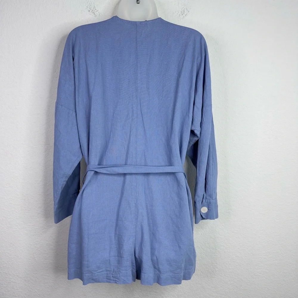 Zara Romper Womens M Blue Linen Blend Long Sleeve Button Coastal Boho Minimalist